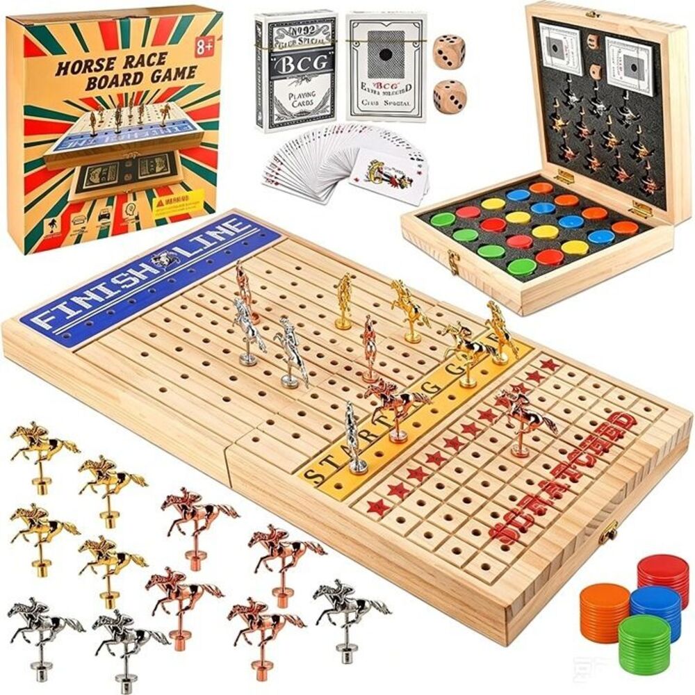 New Wooderma Horse Racing Game- Metal Horses, Dice, 120 Chips Adults Party Game